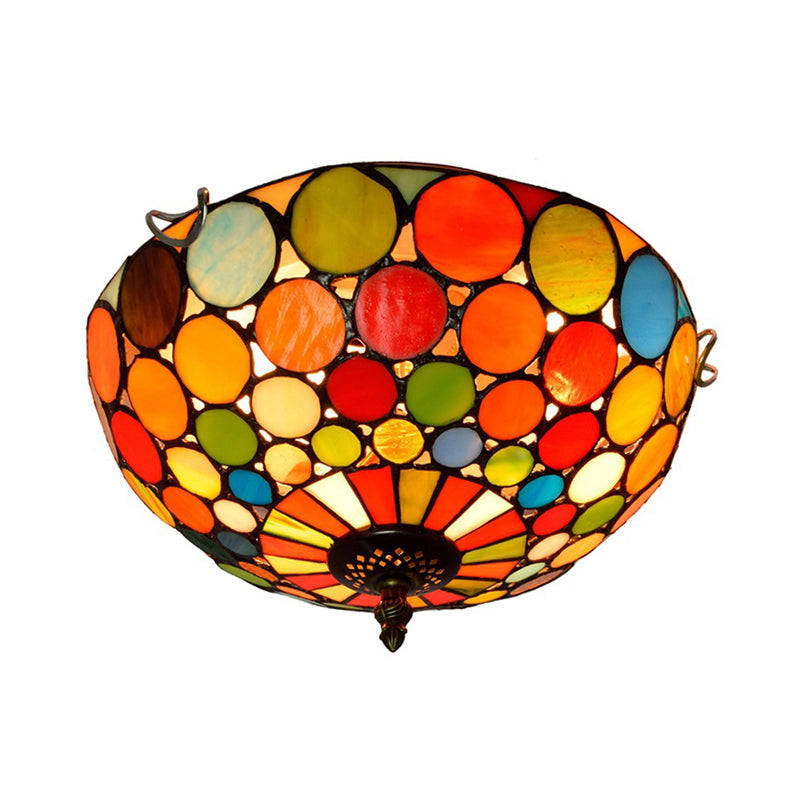 2/3 Lights Bedroom Flush Mount Light Fixture Tiffany Style Red Flushmount with Dome Stained Glass Shade, 12"/16" W Clearhalo 'Ceiling Lights' 'Close To Ceiling Lights' 'Close to ceiling' 'Flush mount' Lighting' 359214