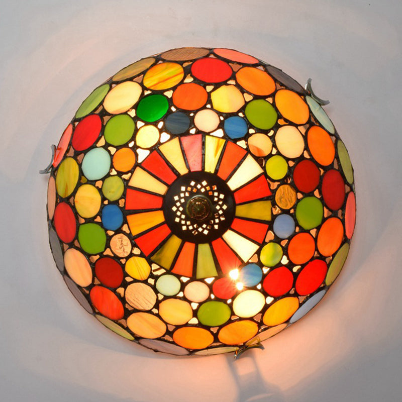 2/3 Lights Bedroom Flush Mount Light Fixture Tiffany Style Red Flushmount with Dome Stained Glass Shade, 12"/16" W Clearhalo 'Ceiling Lights' 'Close To Ceiling Lights' 'Close to ceiling' 'Flush mount' Lighting' 359215