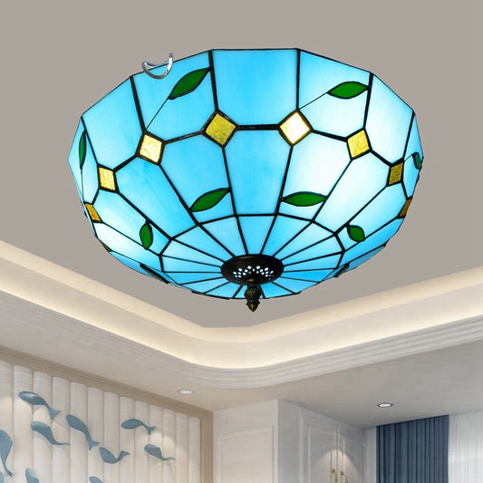 12"/16" Wide Blue Leaf Flush Ceiling Light Tiffany 2/3 Lights Stained Glass Flush Mount Lamp Blue Clearhalo 'Ceiling Lights' 'Close To Ceiling Lights' 'Close to ceiling' 'Flush mount' Lighting' 359223