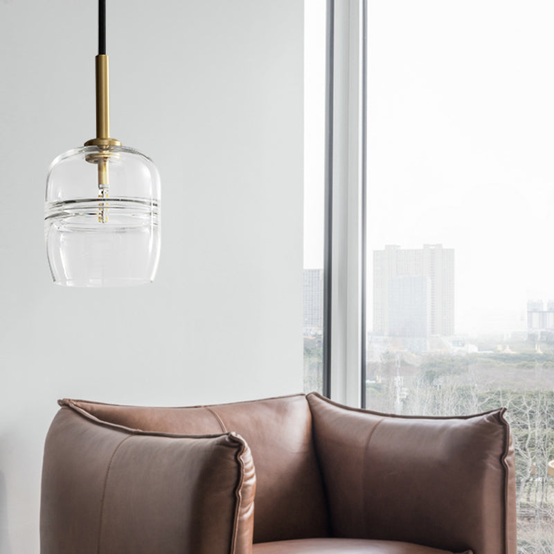 Clear Glass Jar Hanging Lamp Minimalism 1 Bulb Brass LED Pendant Ceiling Light for Dining Room Brass Clearhalo 'Ceiling Lights' 'Close To Ceiling Lights' 'Glass shade' 'Glass' 'Modern Pendants' 'Modern' 'Pendant Lights' 'Pendants' Lighting' 359296