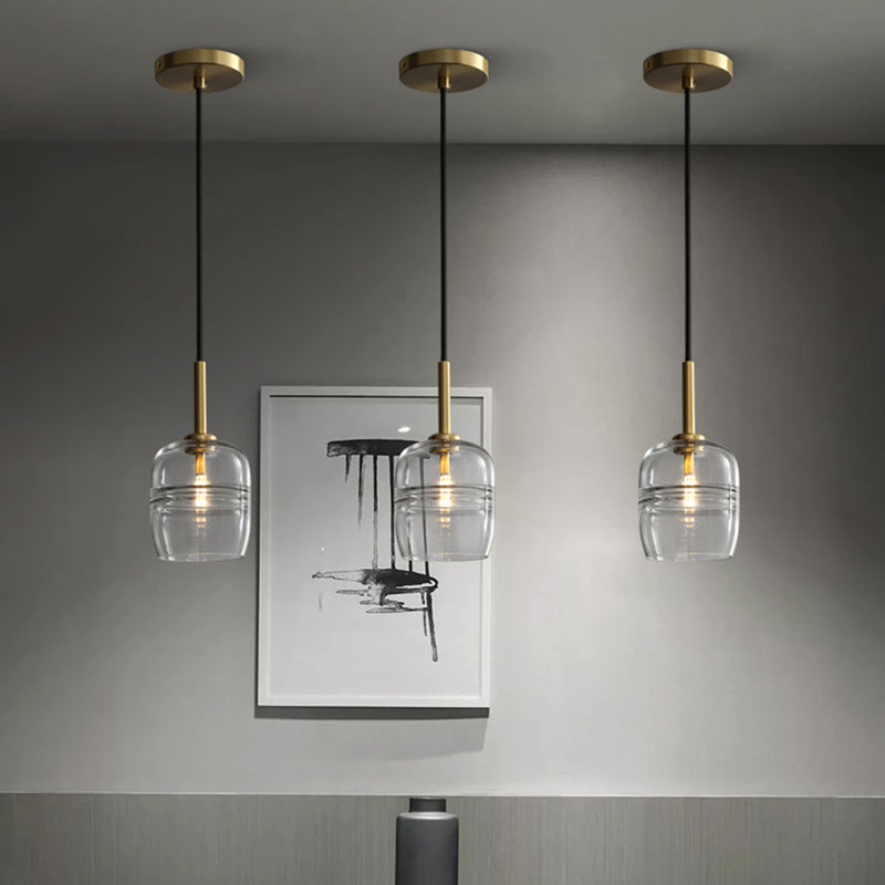 Clear Glass Jar Hanging Lamp Minimalism 1 Bulb Brass LED Pendant Ceiling Light for Dining Room Clearhalo 'Ceiling Lights' 'Close To Ceiling Lights' 'Glass shade' 'Glass' 'Modern Pendants' 'Modern' 'Pendant Lights' 'Pendants' Lighting' 359297