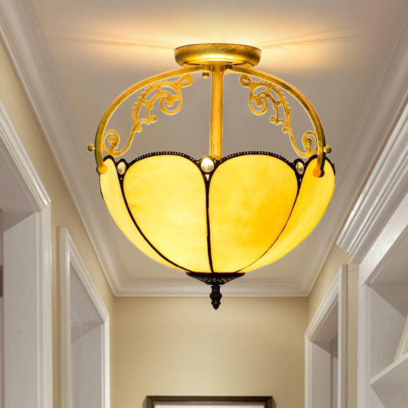 Yellow 2 Lights Semi Flush Light Fixture Tiffany Cut Glass Blossom Ceiling Lighting for Corridor Yellow Clearhalo 'Ceiling Lights' 'Close To Ceiling Lights' 'Close to ceiling' 'Glass shade' 'Glass' 'Semi-flushmount' 'Tiffany close to ceiling' 'Tiffany' Lighting' 359316