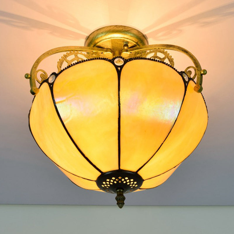 Yellow 2 Lights Semi Flush Light Fixture Tiffany Cut Glass Blossom Ceiling Lighting for Corridor Clearhalo 'Ceiling Lights' 'Close To Ceiling Lights' 'Close to ceiling' 'Glass shade' 'Glass' 'Semi-flushmount' 'Tiffany close to ceiling' 'Tiffany' Lighting' 359319