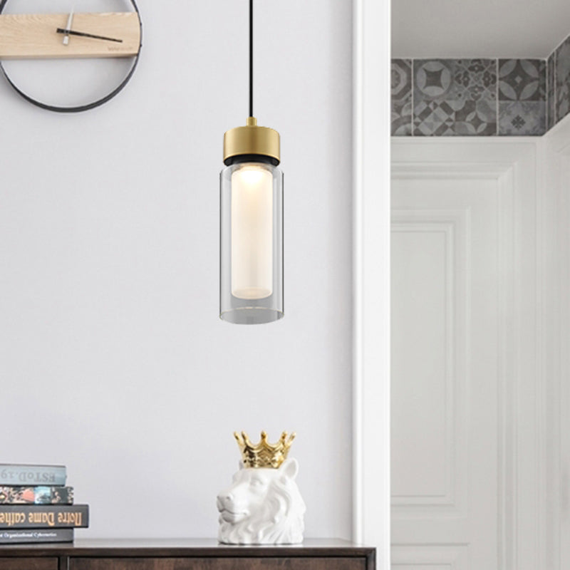 Simplicity 1 Light Drop Lamp Black and Gold Cylindrical LED Down Mini Pendant with Clear Glass Shade Black-Gold Clearhalo 'Ceiling Lights' 'Glass shade' 'Glass' 'Modern Pendants' 'Modern' 'Pendant Lights' 'Pendants' Lighting' 359342