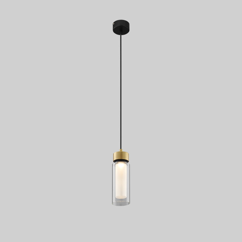 Simplicity 1 Light Drop Lamp Black and Gold Cylindrical LED Down Mini Pendant with Clear Glass Shade Clearhalo 'Ceiling Lights' 'Glass shade' 'Glass' 'Modern Pendants' 'Modern' 'Pendant Lights' 'Pendants' Lighting' 359345