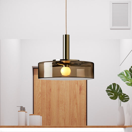 Contemporary Drum Hanging Lamp Smoke Gray Glass 1 Bulb Living Room Down Lighting Pendant Smoke Gray Clearhalo 'Ceiling Lights' 'Glass shade' 'Glass' 'Modern Pendants' 'Modern' 'Pendant Lights' 'Pendants' Lighting' 359437