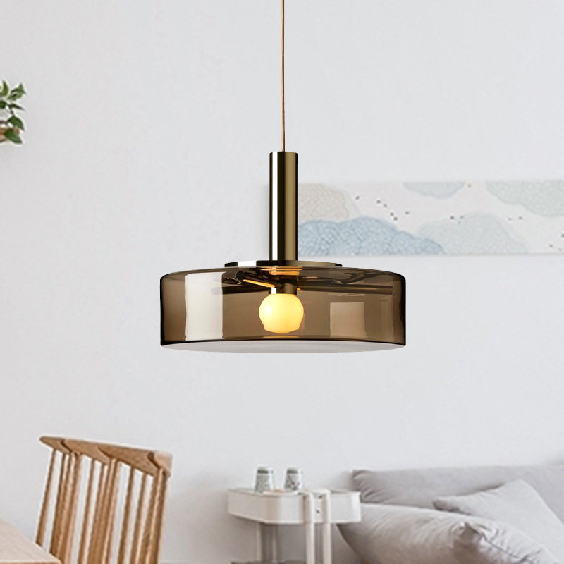 Contemporary Drum Hanging Lamp Smoke Gray Glass 1 Bulb Living Room Down Lighting Pendant Clearhalo 'Ceiling Lights' 'Glass shade' 'Glass' 'Modern Pendants' 'Modern' 'Pendant Lights' 'Pendants' Lighting' 359438