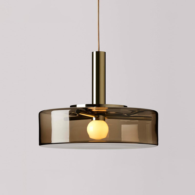 Contemporary Drum Hanging Lamp Smoke Gray Glass 1 Bulb Living Room Down Lighting Pendant Clearhalo 'Ceiling Lights' 'Glass shade' 'Glass' 'Modern Pendants' 'Modern' 'Pendant Lights' 'Pendants' Lighting' 359440