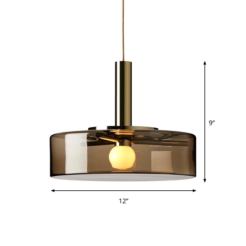 Contemporary Drum Hanging Lamp Smoke Gray Glass 1 Bulb Living Room Down Lighting Pendant Clearhalo 'Ceiling Lights' 'Glass shade' 'Glass' 'Modern Pendants' 'Modern' 'Pendant Lights' 'Pendants' Lighting' 359441