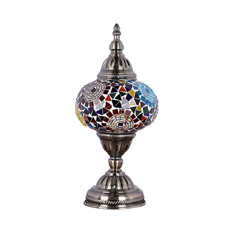 Nickel Tower Nightstand Light Mediterranean Style Red/Blue Stained Glass 1 Head Bedroom Table Lamp Clearhalo 'Lamps' 'Table Lamps' Lighting' 359461