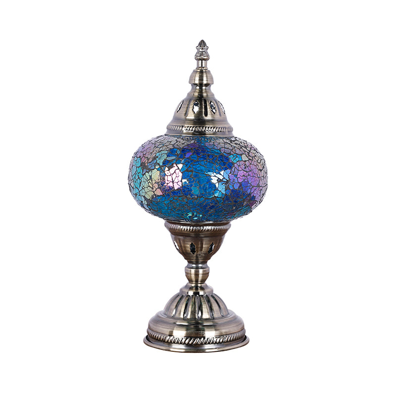 Nickel Tower Nightstand Light Mediterranean Style Red/Blue Stained Glass 1 Head Bedroom Table Lamp Clearhalo 'Lamps' 'Table Lamps' Lighting' 359465