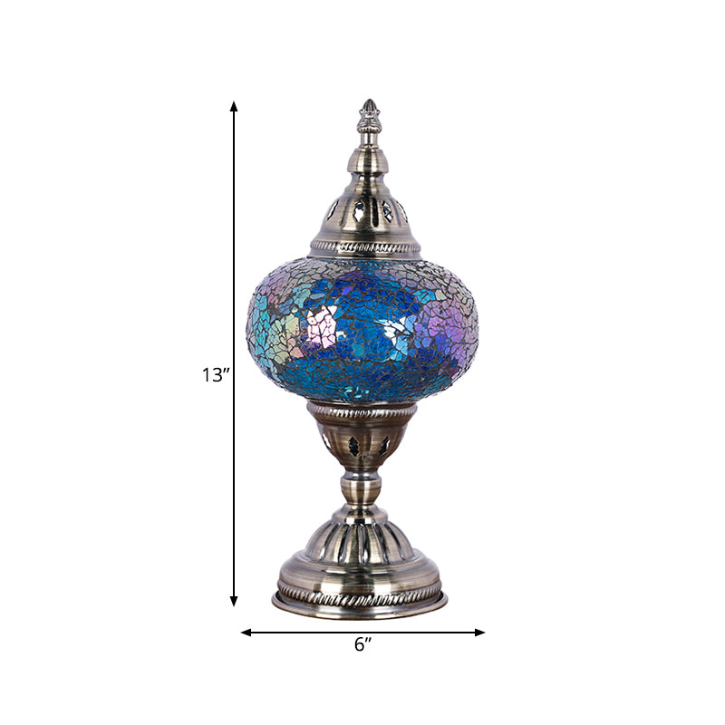 Nickel Tower Nightstand Light Mediterranean Style Red/Blue Stained Glass 1 Head Bedroom Table Lamp Clearhalo 'Lamps' 'Table Lamps' Lighting' 359466