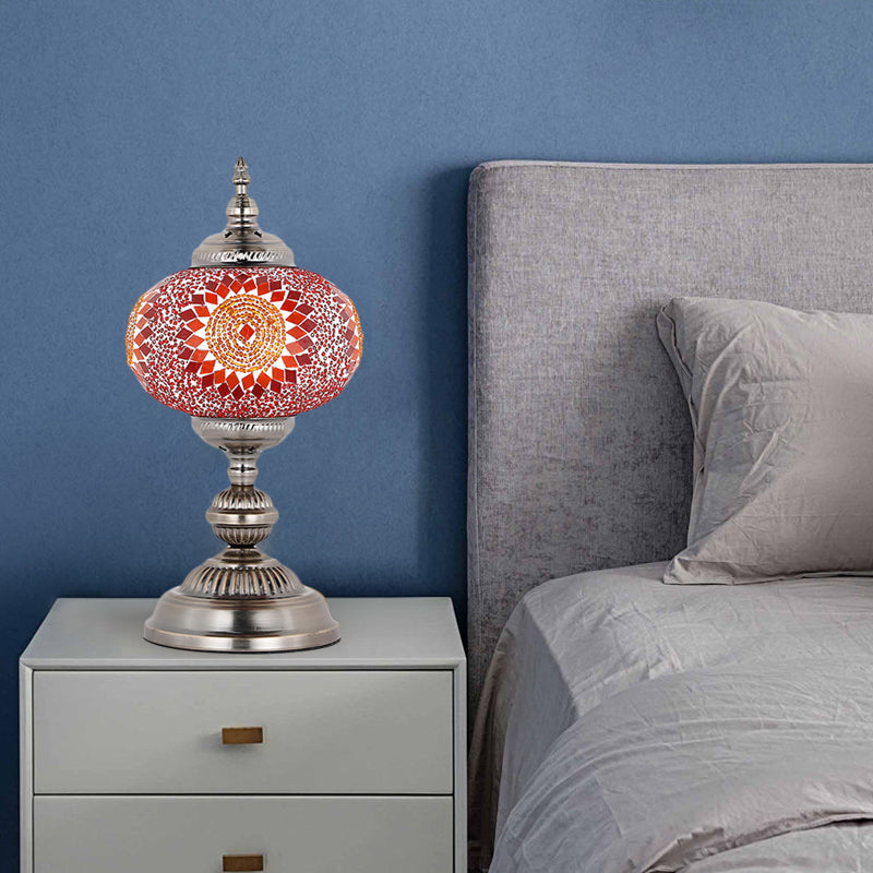 Tower Bedroom Night Table Lamp Mediterranean Stained Glass 1 Bulb Red/Blue/Yellow and Blue Nightstand Light Red Clearhalo 'Lamps' 'Table Lamps' Lighting' 359467