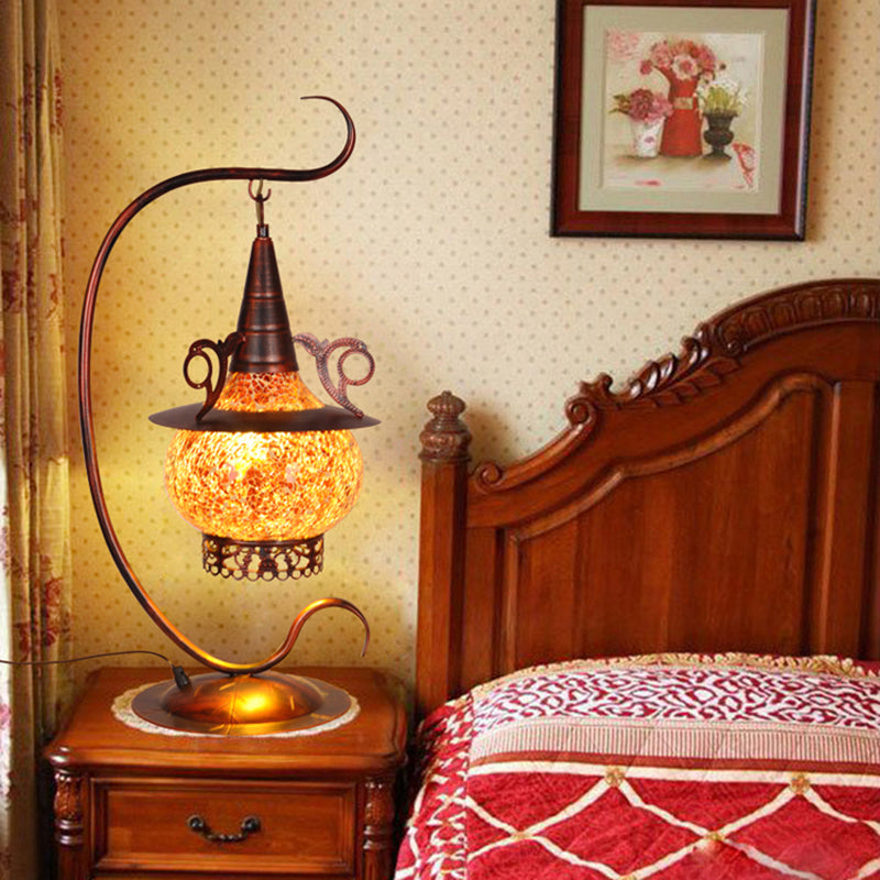 Stove Shaped Bedroom Night Light Art Deco Orange Glass 1 Light Table Lamp with Curly Arm Orange Clearhalo 'Lamps' 'Table Lamps' Lighting' 359511