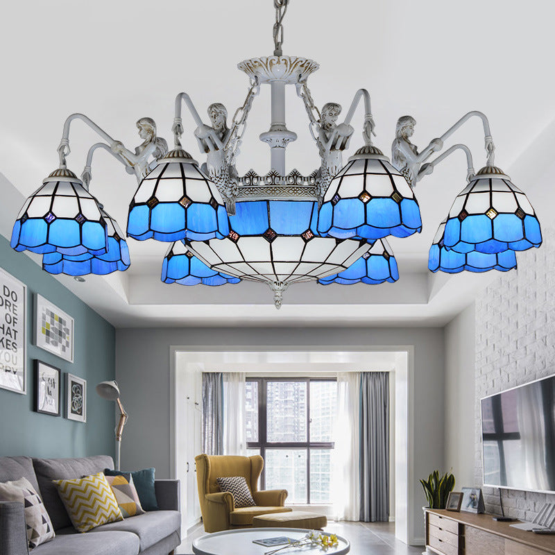 White/Antique Brass Domed Chandelier Lamp Tiffany 11 Lights Stained Glass Hanging Light White Clearhalo 'Ceiling Lights' 'Chandeliers' 'Industrial' 'Middle Century Chandeliers' 'Tiffany Chandeliers' 'Tiffany close to ceiling' 'Tiffany' Lighting' 35956