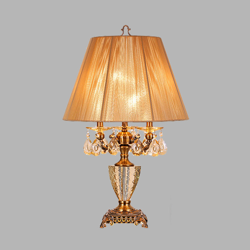 Beige 3 Lights Table Lamp Traditionalism Crystal Tapered Drum Night Light for Bedroom Clearhalo 'Lamps' 'Table Lamps' Lighting' 359644