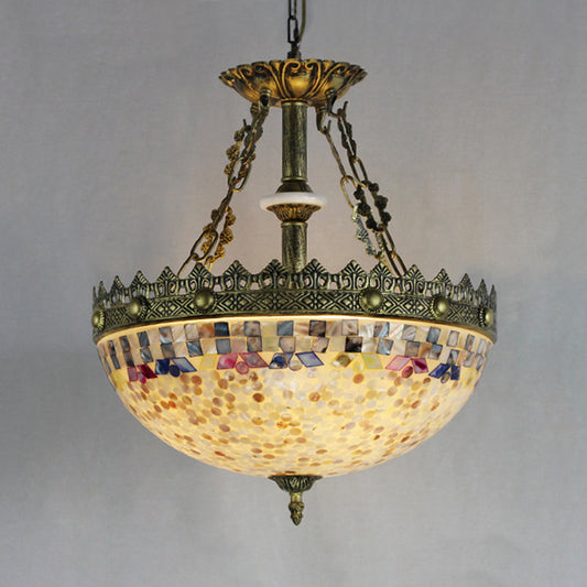 Stained Glass Bowl Pendant Light with Metal Chain Vintage Hanging Ceiling Light in White/Beige/Orange-Blue for Foyer Beige Clearhalo 'Ceiling Lights' 'Chandeliers' 'Industrial' 'Middle Century Chandeliers' 'Tiffany Chandeliers' 'Tiffany close to ceiling' 'Tiffany' Lighting' 35986