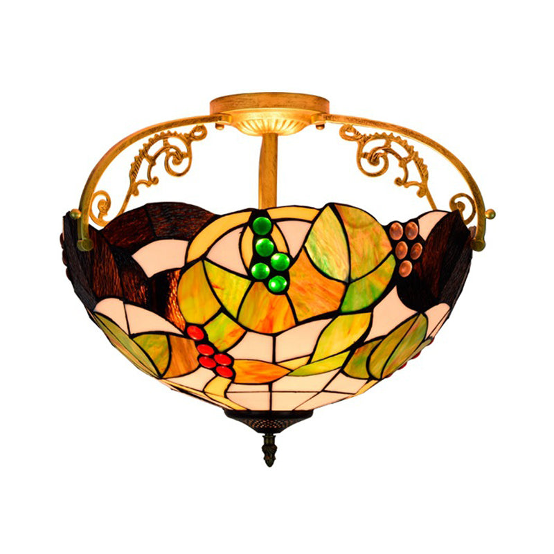 Brass 2/3 Lights Semi-Flush Mount Light Tiffany Cut Glass Bowl Ceiling Fixture for Bedroom 3 Brass Clearhalo 'Ceiling Lights' 'Close To Ceiling Lights' 'Close to ceiling' 'Glass shade' 'Glass' 'Semi-flushmount' 'Tiffany close to ceiling' 'Tiffany' Lighting' 360526