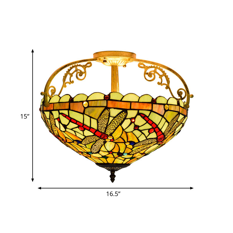 Cut Glass Dragonfly Semi Flush Mount Mediterranean 3 Lights Yellow/Orange/Blue Ceiling Light Fixture for Corridor Clearhalo 'Ceiling Lights' 'Close To Ceiling Lights' 'Close to ceiling' 'Glass shade' 'Glass' 'Semi-flushmount' 'Tiffany close to ceiling' 'Tiffany' Lighting' 360575