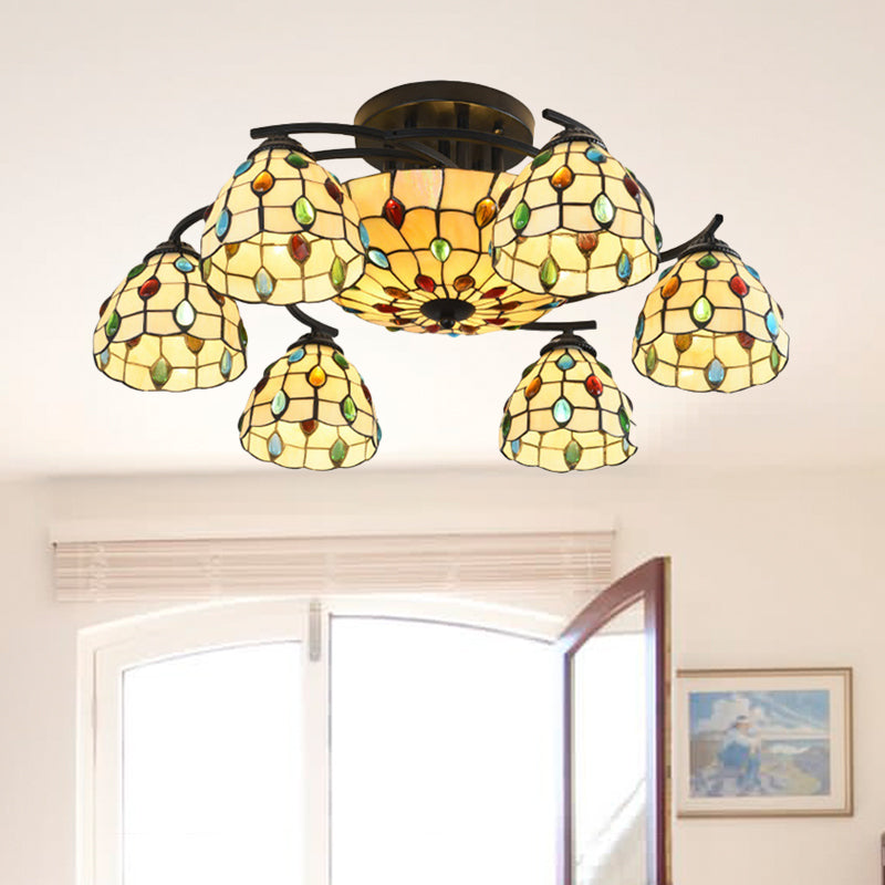 Tiffany Beaded Semi Flush Light 9/11 Lights Beige Glass Ceiling Mounted Fixture for Bedroom 9 Beige Clearhalo 'Ceiling Lights' 'Close To Ceiling Lights' 'Close to ceiling' 'Glass shade' 'Glass' 'Semi-flushmount' 'Tiffany close to ceiling' 'Tiffany' Lighting' 360622