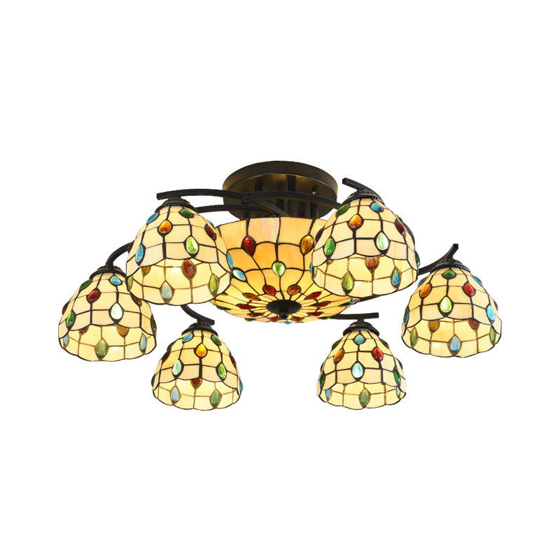 Tiffany Beaded Semi Flush Light 9/11 Lights Beige Glass Ceiling Mounted Fixture for Bedroom Clearhalo 'Ceiling Lights' 'Close To Ceiling Lights' 'Close to ceiling' 'Glass shade' 'Glass' 'Semi-flushmount' 'Tiffany close to ceiling' 'Tiffany' Lighting' 360624