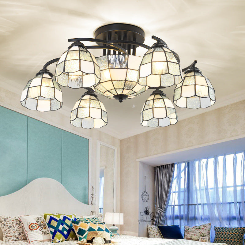 Frosted Glass White/Yellow/Blue Semi-Flush Mount Light Domed/Cone/Bell 9/11 Lights Tiffany Style Ceiling Fixture for Living Room 9 White Clearhalo 'Ceiling Lights' 'Close To Ceiling Lights' 'Close to ceiling' 'Glass shade' 'Glass' 'Pendant Lights' 'Semi-flushmount' 'Tiffany close to ceiling' 'Tiffany' Lighting' 360631