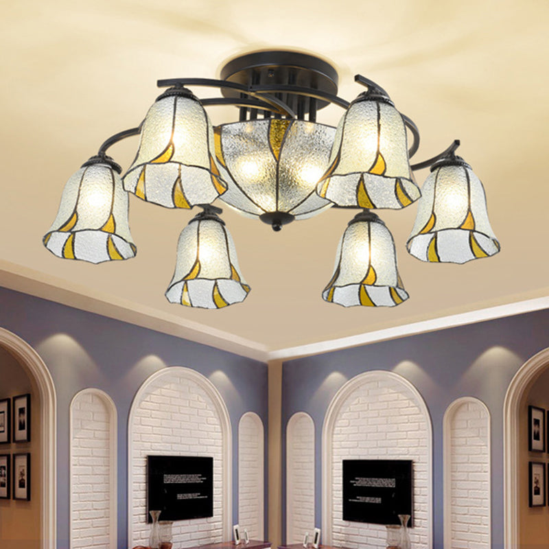 Frosted Glass White/Yellow/Blue Semi-Flush Mount Light Domed/Cone/Bell 9/11 Lights Tiffany Style Ceiling Fixture for Living Room 9 Yellow Clearhalo 'Ceiling Lights' 'Close To Ceiling Lights' 'Close to ceiling' 'Glass shade' 'Glass' 'Pendant Lights' 'Semi-flushmount' 'Tiffany close to ceiling' 'Tiffany' Lighting' 360642