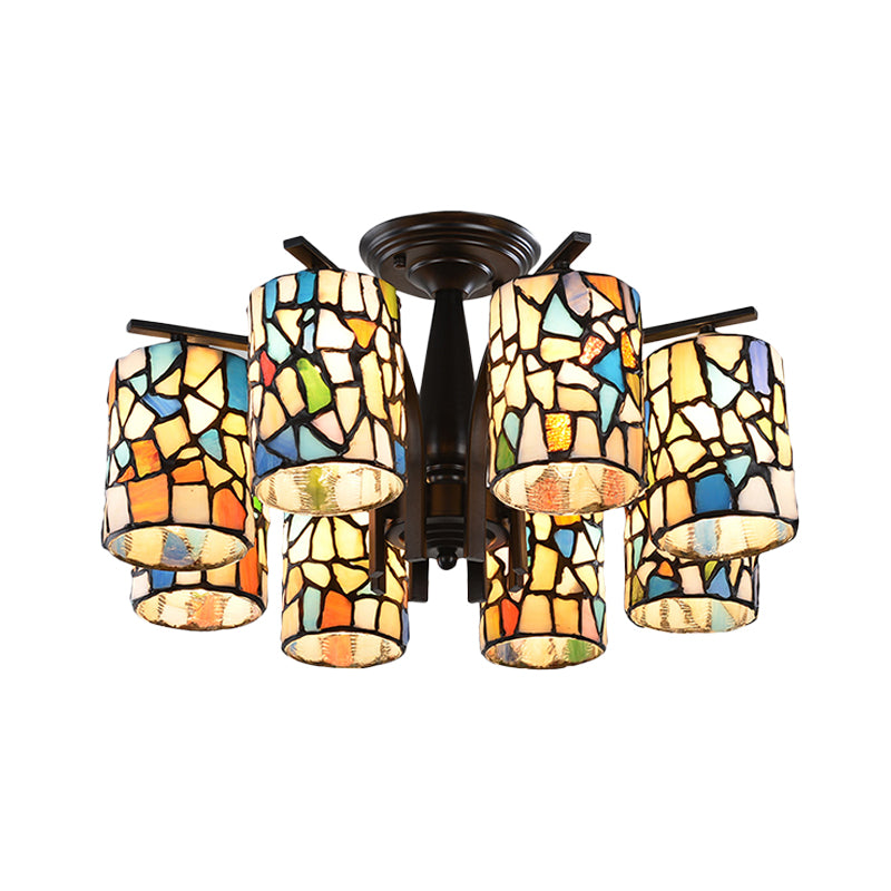 6/8 Lights Semi Flush Light Mediterranean Cylinder Cut Glass Ceiling Mount in Black for Living Room Clearhalo 'Ceiling Lights' 'Close To Ceiling Lights' 'Close to ceiling' 'Glass shade' 'Glass' 'Semi-flushmount' 'Tiffany close to ceiling' 'Tiffany' Lighting' 360648