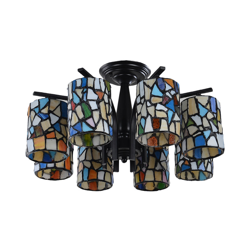 6/8 Lights Semi Flush Light Mediterranean Cylinder Cut Glass Ceiling Mount in Black for Living Room Clearhalo 'Ceiling Lights' 'Close To Ceiling Lights' 'Close to ceiling' 'Glass shade' 'Glass' 'Semi-flushmount' 'Tiffany close to ceiling' 'Tiffany' Lighting' 360649