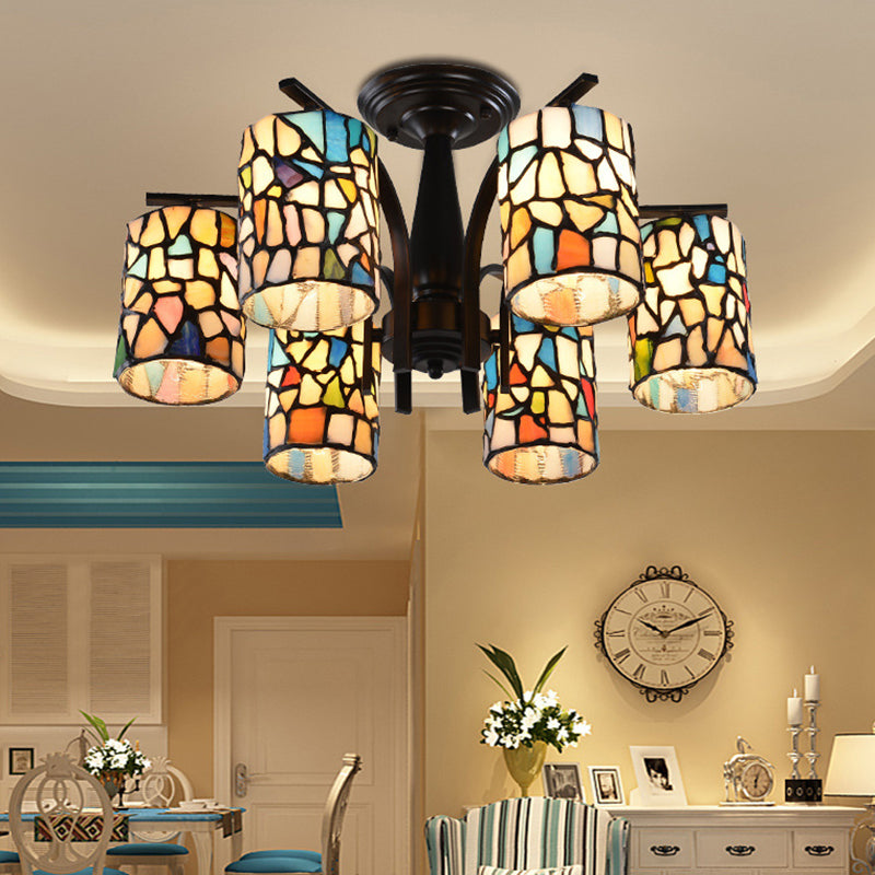 6/8 Lights Semi Flush Light Mediterranean Cylinder Cut Glass Ceiling Mount in Black for Living Room 6 Black Clearhalo 'Ceiling Lights' 'Close To Ceiling Lights' 'Close to ceiling' 'Glass shade' 'Glass' 'Semi-flushmount' 'Tiffany close to ceiling' 'Tiffany' Lighting' 360651