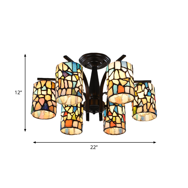 6/8 Lights Semi Flush Light Mediterranean Cylinder Cut Glass Ceiling Mount in Black for Living Room Clearhalo 'Ceiling Lights' 'Close To Ceiling Lights' 'Close to ceiling' 'Glass shade' 'Glass' 'Semi-flushmount' 'Tiffany close to ceiling' 'Tiffany' Lighting' 360654