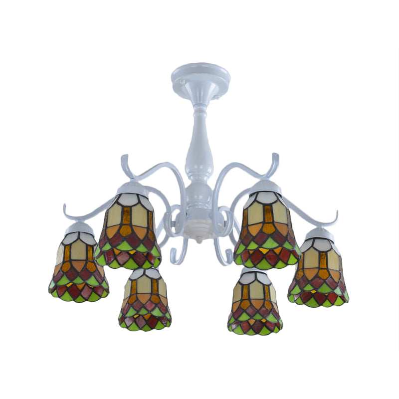 6/8 Lights Bell Ceiling Flush Mount Mediterranean White Stained Glass Semi Flush for Living Room Clearhalo 'Ceiling Lights' 'Close To Ceiling Lights' 'Close to ceiling' 'Glass shade' 'Glass' 'Semi-flushmount' 'Tiffany close to ceiling' 'Tiffany' Lighting' 360658