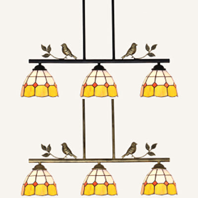 Dome Shade Island Lighting 3 Heads Stainless Glass Tiffany Stylish Antique Brass/Black Hanging Lamp with Bird Accent Clearhalo 'Ceiling Lights' 'Glass shade' 'Glass' 'Island Lights' 'Tiffany close to ceiling' 'Tiffany' Lighting' 36065