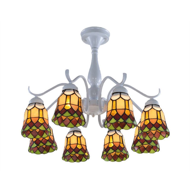 6/8 Lights Bell Ceiling Flush Mount Mediterranean White Stained Glass Semi Flush for Living Room Clearhalo 'Ceiling Lights' 'Close To Ceiling Lights' 'Close to ceiling' 'Glass shade' 'Glass' 'Semi-flushmount' 'Tiffany close to ceiling' 'Tiffany' Lighting' 360662