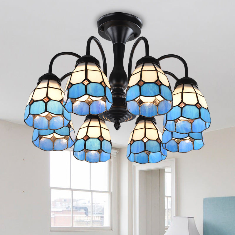 Domed Cut Glass Semi Mount Lighting Baroque Stylish 6/8 Lights Blue Ceiling Light Fixture 8 Blue Clearhalo 'Ceiling Lights' 'Close To Ceiling Lights' 'Close to ceiling' 'Glass shade' 'Glass' 'Semi-flushmount' 'Tiffany close to ceiling' 'Tiffany' Lighting' 360678