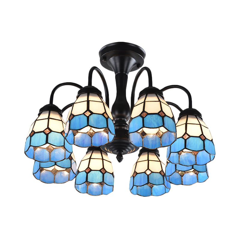 Domed Cut Glass Semi Mount Lighting Baroque Stylish 6/8 Lights Blue Ceiling Light Fixture Clearhalo 'Ceiling Lights' 'Close To Ceiling Lights' 'Close to ceiling' 'Glass shade' 'Glass' 'Semi-flushmount' 'Tiffany close to ceiling' 'Tiffany' Lighting' 360680