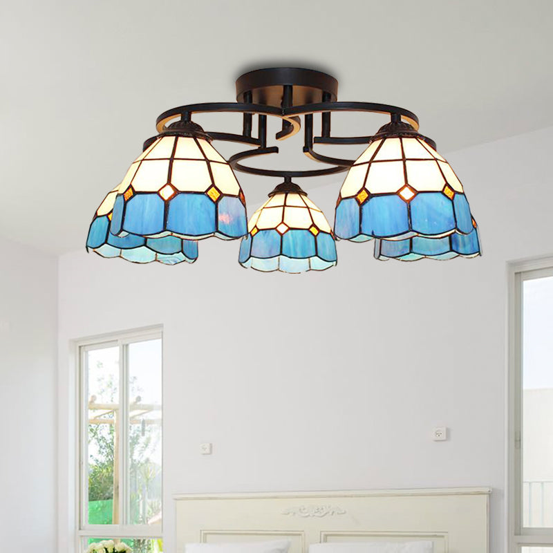 Blue/Light Blue Glass Grid Patterned Semi Flush Light Fixture Baroque 5 Lights Black Ceiling Flush Mount for Bedroom Blue Clearhalo 'Ceiling Lights' 'Close To Ceiling Lights' 'Close to ceiling' 'Glass shade' 'Glass' 'Semi-flushmount' 'Tiffany close to ceiling' 'Tiffany' Lighting' 360683