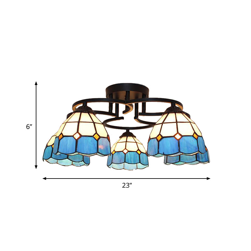 Blue/Light Blue Glass Grid Patterned Semi Flush Light Fixture Baroque 5 Lights Black Ceiling Flush Mount for Bedroom Clearhalo 'Ceiling Lights' 'Close To Ceiling Lights' 'Close to ceiling' 'Glass shade' 'Glass' 'Semi-flushmount' 'Tiffany close to ceiling' 'Tiffany' Lighting' 360687