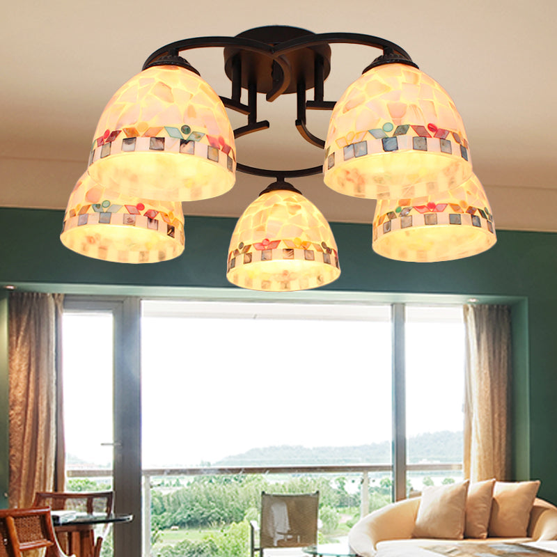 5 Lights Kitchen Semi Flush Light Tiffany Beige/White Ceiling Lamp with Dome Shell Shade for Kitchen Beige Clearhalo 'Ceiling Lights' 'Close To Ceiling Lights' 'Close to ceiling' 'Semi-flushmount' 'Tiffany close to ceiling' 'Tiffany' Lighting' 360691