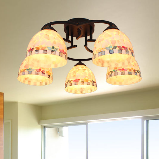 5 Lights Kitchen Semi Flush Light Tiffany Beige/White Ceiling Lamp with Dome Shell Shade for Kitchen Clearhalo 'Ceiling Lights' 'Close To Ceiling Lights' 'Close to ceiling' 'Semi-flushmount' 'Tiffany close to ceiling' 'Tiffany' Lighting' 360692