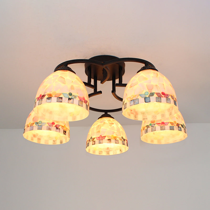 5 Lights Kitchen Semi Flush Light Tiffany Beige/White Ceiling Lamp with Dome Shell Shade for Kitchen Clearhalo 'Ceiling Lights' 'Close To Ceiling Lights' 'Close to ceiling' 'Semi-flushmount' 'Tiffany close to ceiling' 'Tiffany' Lighting' 360694