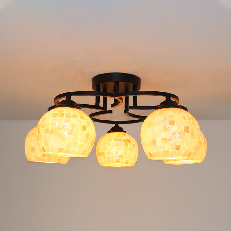 5 Lights Kitchen Semi Flush Light Tiffany Beige/White Ceiling Lamp with Dome Shell Shade for Kitchen Clearhalo 'Ceiling Lights' 'Close To Ceiling Lights' 'Close to ceiling' 'Semi-flushmount' 'Tiffany close to ceiling' 'Tiffany' Lighting' 360697