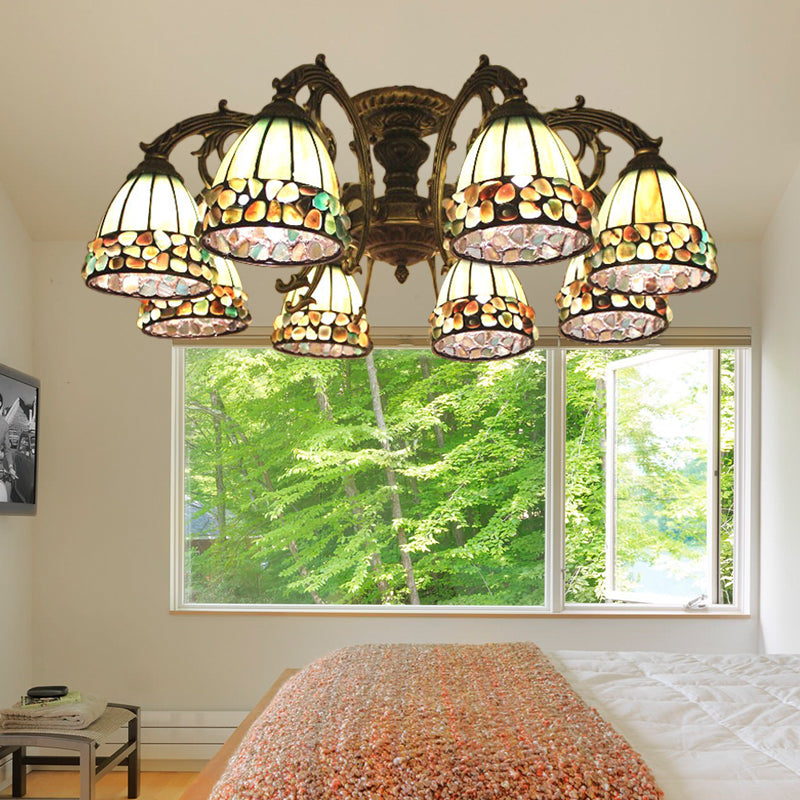 Tiffany Dome Semi Flush 5/8 Lights Stained Art Glass Close to Ceiling Lighting in Green 8 Green Clearhalo 'Ceiling Lights' 'Close To Ceiling Lights' 'Close to ceiling' 'Glass shade' 'Glass' 'Semi-flushmount' 'Tiffany close to ceiling' 'Tiffany' Lighting' 360699