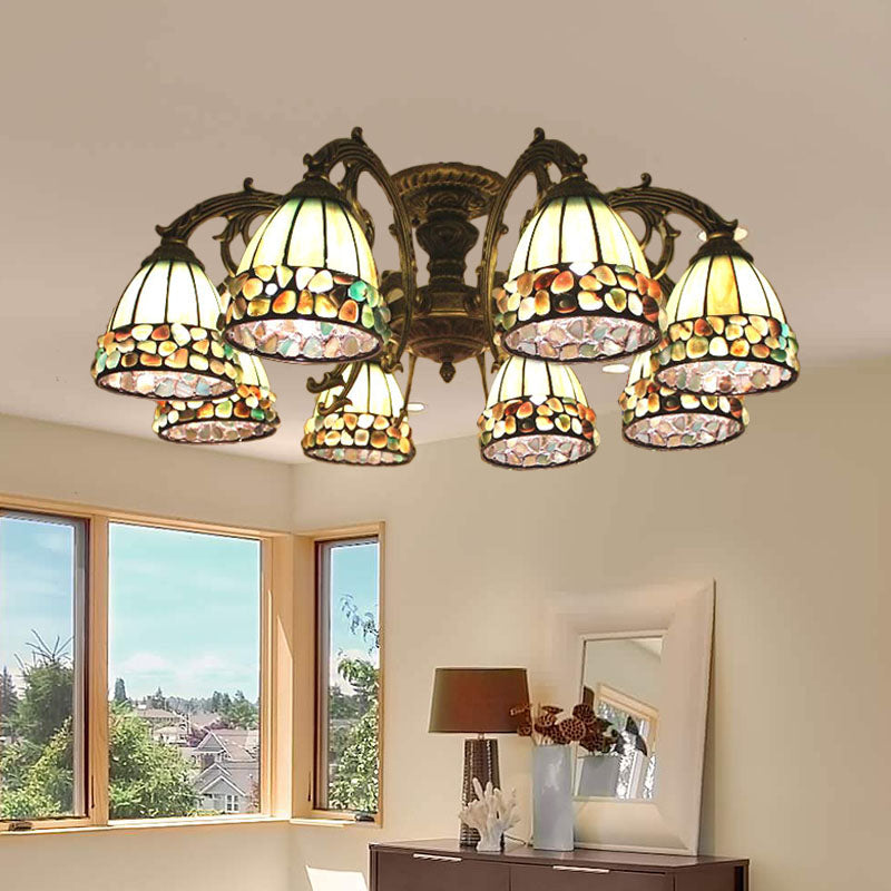 Tiffany Dome Semi Flush 5/8 Lights Stained Art Glass Close to Ceiling Lighting in Green Clearhalo 'Ceiling Lights' 'Close To Ceiling Lights' 'Close to ceiling' 'Glass shade' 'Glass' 'Semi-flushmount' 'Tiffany close to ceiling' 'Tiffany' Lighting' 360700