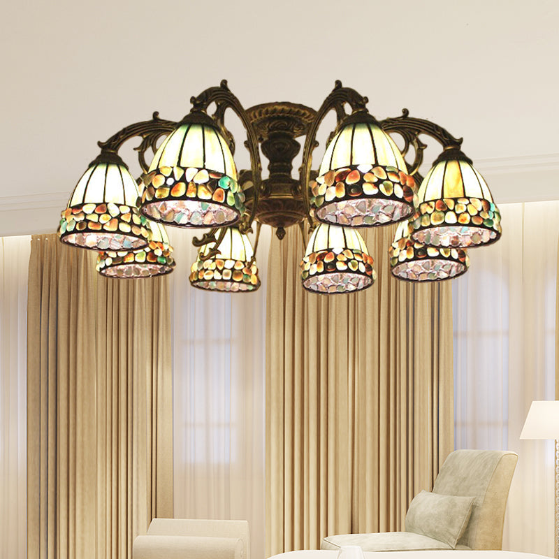 Tiffany Dome Semi Flush 5/8 Lights Stained Art Glass Close to Ceiling Lighting in Green Clearhalo 'Ceiling Lights' 'Close To Ceiling Lights' 'Close to ceiling' 'Glass shade' 'Glass' 'Semi-flushmount' 'Tiffany close to ceiling' 'Tiffany' Lighting' 360701