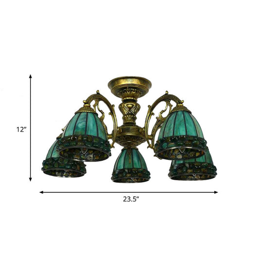 Tiffany Dome Semi Flush 5/8 Lights Stained Art Glass Close to Ceiling Lighting in Green Clearhalo 'Ceiling Lights' 'Close To Ceiling Lights' 'Close to ceiling' 'Glass shade' 'Glass' 'Semi-flushmount' 'Tiffany close to ceiling' 'Tiffany' Lighting' 360705