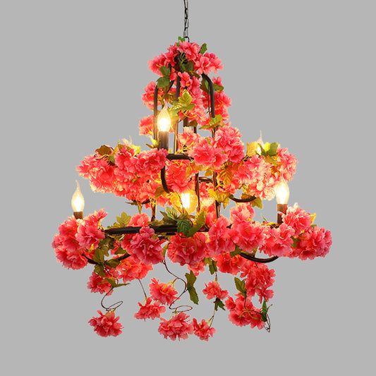 Cherry Blossom Restaurant Chandelier Lighting Vintage Metal 7 Lights Rose Red LED Suspension Lamp Rose Red Clearhalo 'Cast Iron' 'Ceiling Lights' 'Chandeliers' 'Industrial Chandeliers' 'Industrial' 'Metal' 'Middle Century Chandeliers' 'Rustic Chandeliers' 'Tiffany' Lighting' 360837