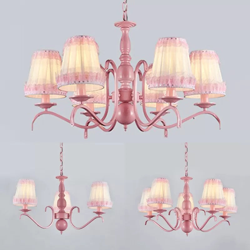 Kids Trapezoid Shade Chandelier with Lace Metal Hanging Lamp in Pink for Restaurant Clearhalo 'Ceiling Lights' 'Chandeliers' Lighting' options 36085