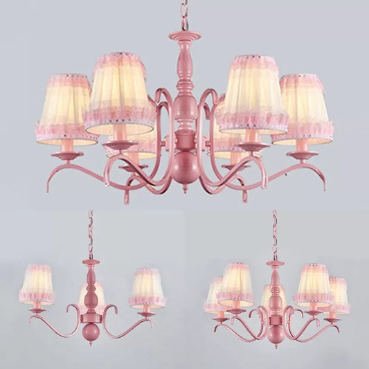 Kids Trapezoid Shade Chandelier with Lace Metal Hanging Lamp in Pink for Restaurant Clearhalo 'Ceiling Lights' 'Chandeliers' Lighting' options 36085