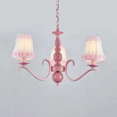 Kids Trapezoid Shade Chandelier with Lace Metal Hanging Lamp in Pink for Restaurant 3 Pink Clearhalo 'Ceiling Lights' 'Chandeliers' Lighting' options 36086_275d06a8-b533-4ea6-98e7-fd07d0f0f226